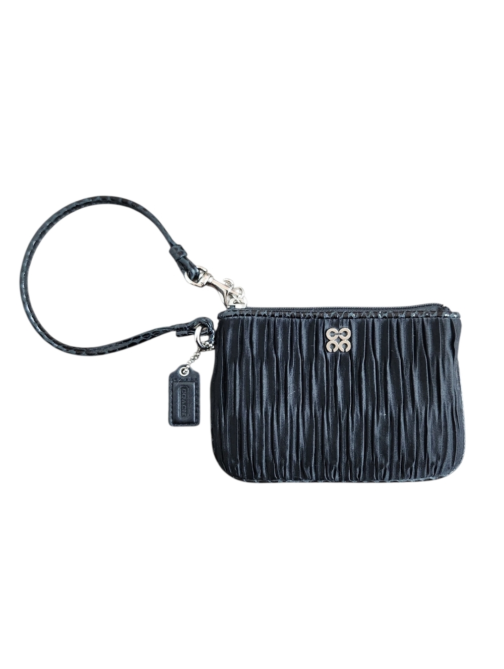 Coach Black Satin-Textured Wristlet with Silver Accent